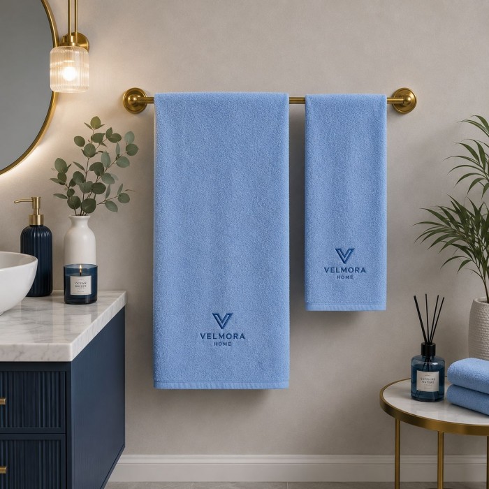Logolu El ve Banyo Havlusu Takımı Mavi 50x90cm 70x140cm